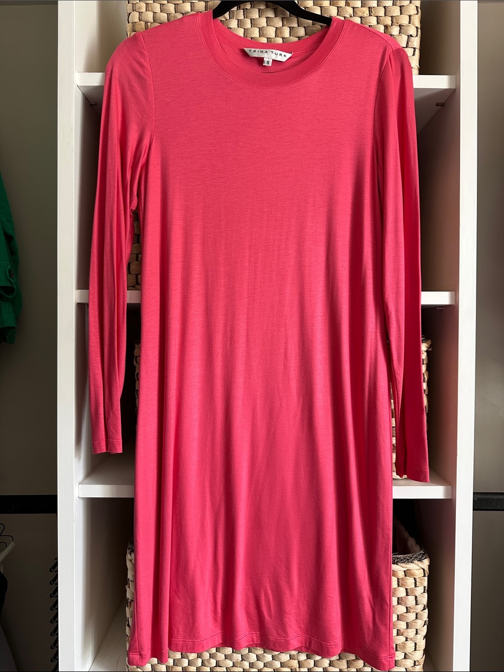 Trina Turk Coral-Pink Long Sleeve Jersey Dress. Crew neck